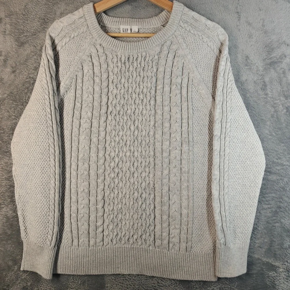 Gap Cable Knit Sweater Mens Large Light Heather Grey Chunky Cotton Crewneck